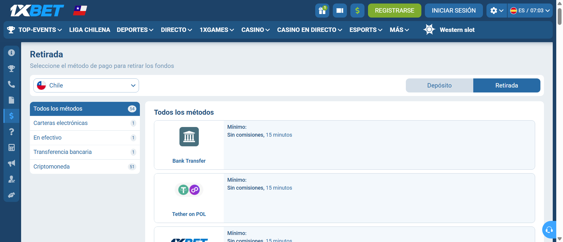 Retiro de Fondos en 1xBet Chile